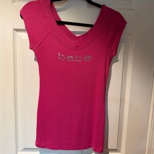BEBE Hot Pink Rhinestone Logo Cap-Sleeve Top